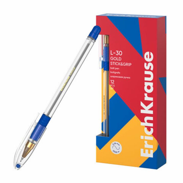 Изображение Ручка шариковая масляная с грипом ERICH KRAUSE "L-30" Gold Stick&Grip, СИНЯЯ, 0,7 мм, линия 0,26 мм, 61041