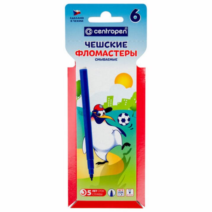 Изображение Фломастеры 6 ЦВЕТОВ CENTROPEN "Пингвины", смываемые, вентилируемый колпачок, 7790/6ET, 7 7790 0686
