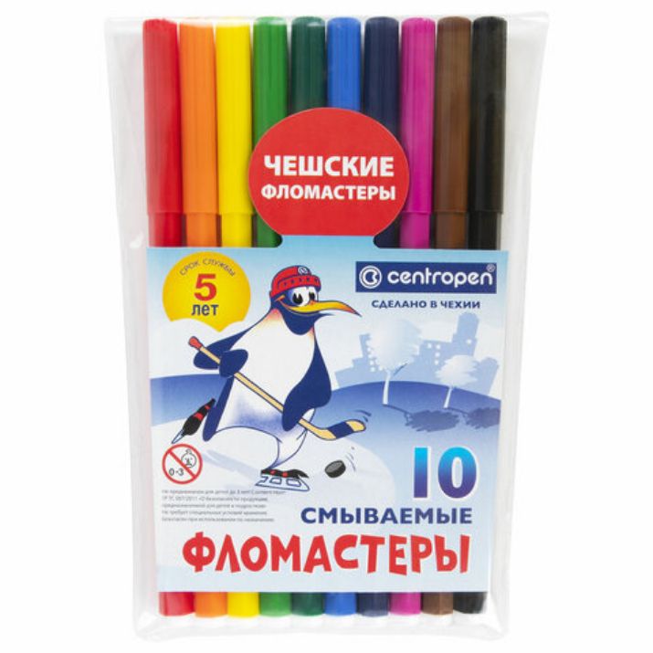 Изображение Фломастеры 10 ЦВЕТОВ CENTROPEN "Пингвины", смываемые, вентилируемый колпачок, 7790/10ET, 7 7790 1086