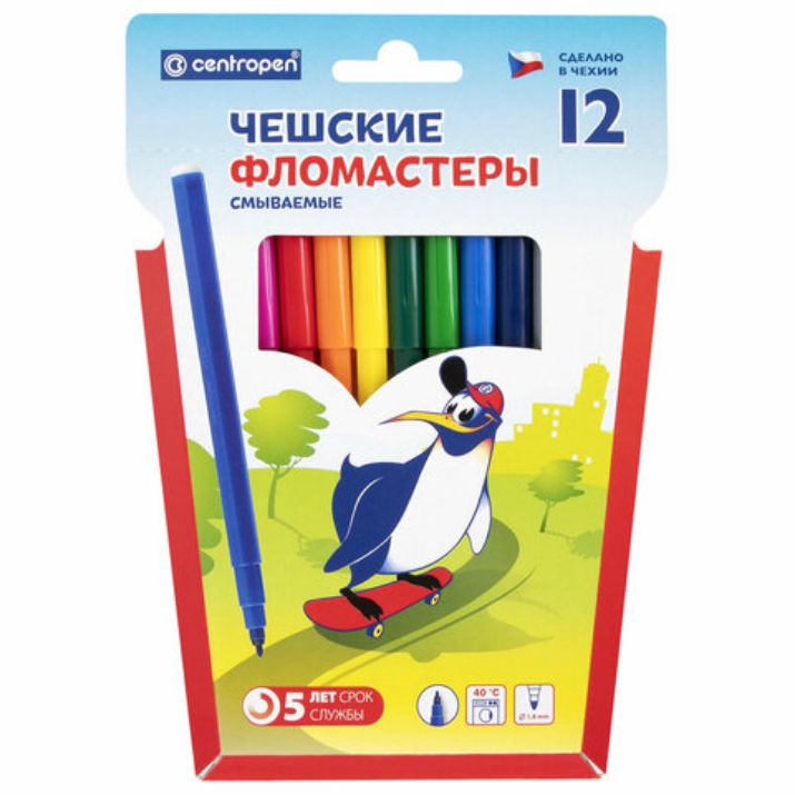 Изображение Фломастеры 12 ЦВЕТОВ CENTROPEN "Пингвины", смываемые, вентилируемый колпачок, 7790/12ET, 7 7790 1286