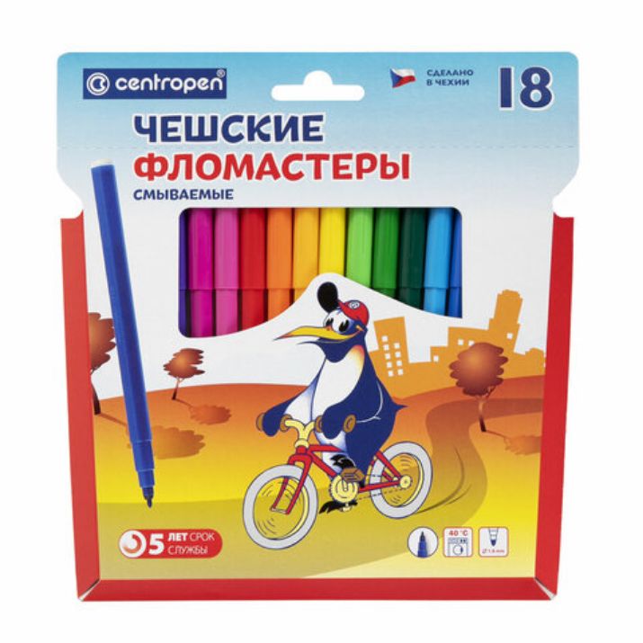 Изображение Фломастеры 18 ЦВЕТОВ CENTROPEN "Пингвины", смываемые, вентилируемый колпачок, 7790/18ET, 7 7790 1886