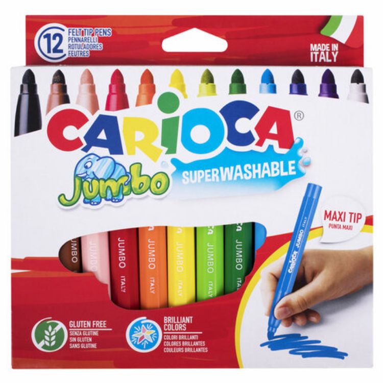Изображение Фломастеры утолщенные CARIOCA "Jumbo", 12 цветов, суперсмываемые, вентилируемый колпачок, картонная упаковка, 40569