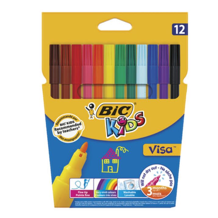 Изображение Фломастеры BIC "Kids Visa", 12 ЦВЕТОВ, суперсмываемые, вентилируемый колпачок, европодвес, 889695, 888695