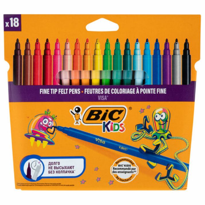 Изображение Фломастеры BIC "VISA", 18 цветов, суперсмываемые, вентилируемый колпачок, европодвес, 888681