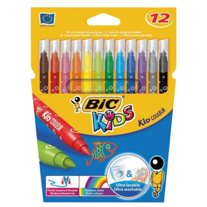 Изображение Фломастеры BIC "Kid Couleur", 12 цветов, суперсмываемые, вентилируемый колпачок, европодвес, 9202932