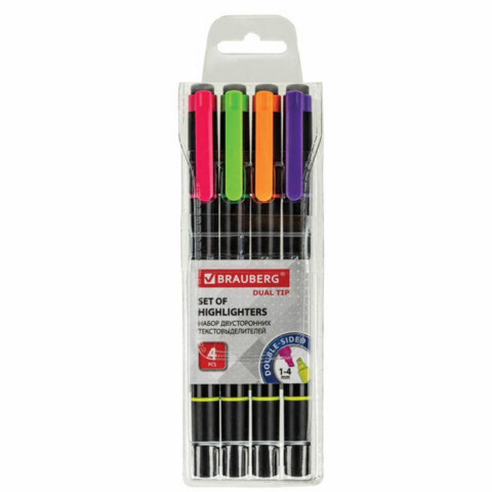 Изображение Набор текстовыделителей двусторонних BRAUBERG DUAL TIP 4 шт., АССОРТИ, линия 1-4 мм, 150845