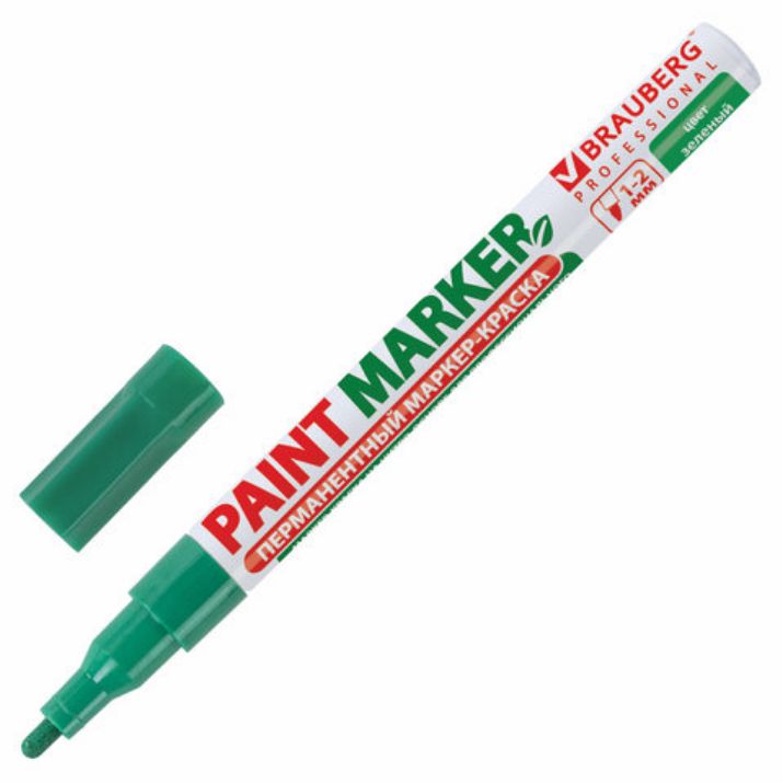 Изображение Маркер-краска лаковый (paint marker) 2 мм, ЗЕЛЕНЫЙ, БЕЗ КСИЛОЛА (без запаха), алюминий, BRAUBERG PROFESSIONAL, 150870