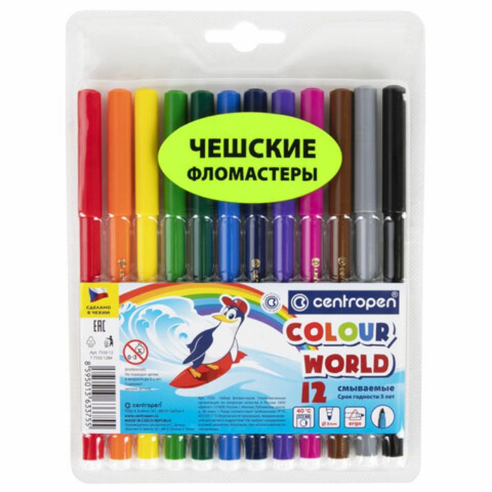 Изображение Фломастеры 12 ЦВЕТОВ CENTROPEN "Colour World", круглые, смываемые, 7550/12TP, 7 7550 1284