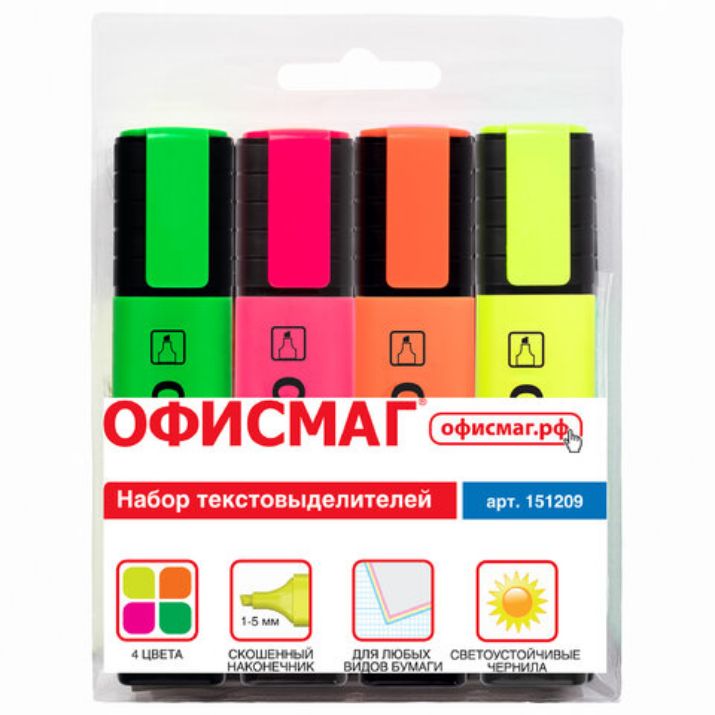 Изображение Набор текстовыделителей ОФИСМАГ 4 шт., АССОРТИ, линия 1-5 мм, 151209