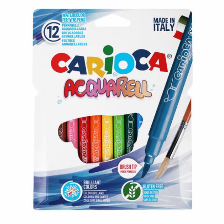 Изображение Фломастеры акварельные CARIOCA (Италия) "Aquarell", 12 цветов, наконечник-кисть, смываемые, картонный конверт, 42747