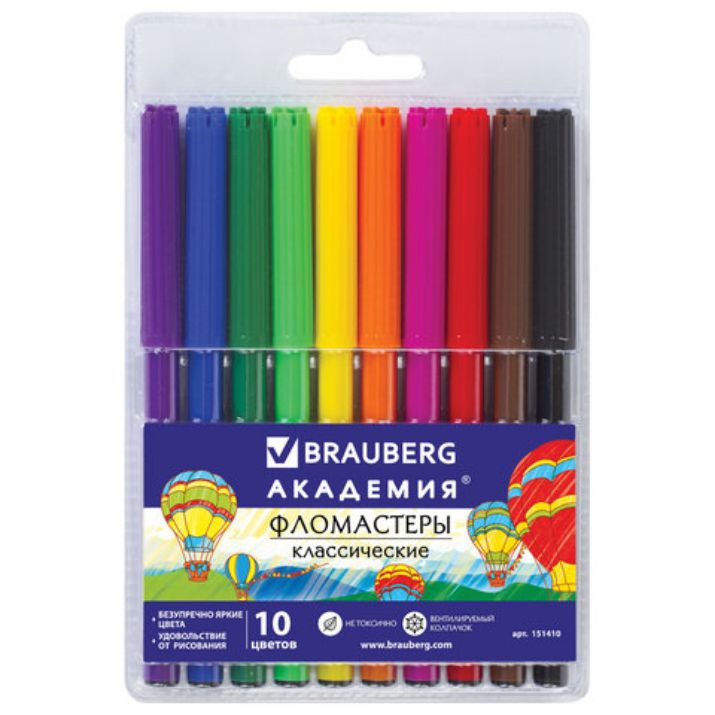 Изображение Фломастеры BRAUBERG "АКАДЕМИЯ", 10 цветов, вентилируемый колпачок, ПВХ упаковка, 151410