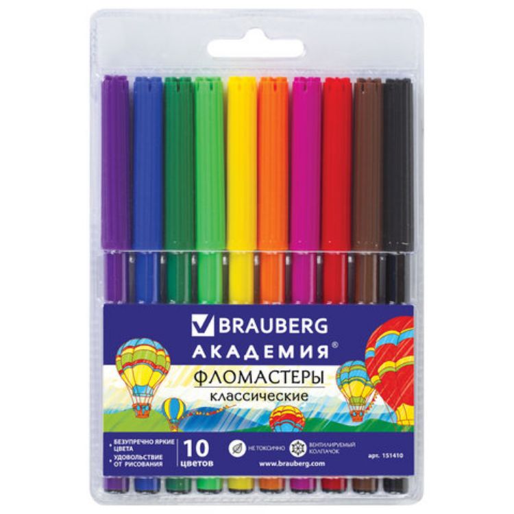 Изображение Фломастеры BRAUBERG "АКАДЕМИЯ", 10 цветов, вентилируемый колпачок, ПВХ упаковка, 151410