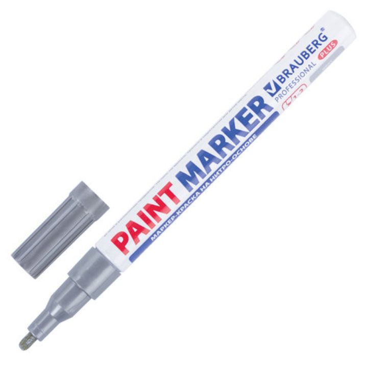Изображение Маркер-краска лаковый (paint marker) 2 мм, СЕРЕБРЯНЫЙ, НИТРО-ОСНОВА, алюминиевый корпус, BRAUBERG PROFESSIONAL PLUS, 151442