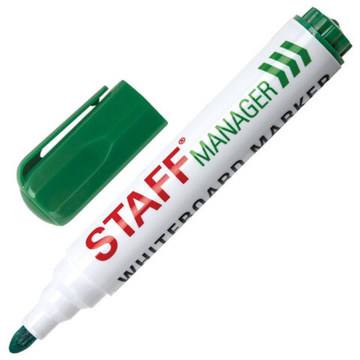 Изображение Маркер стираемый для белой доски ЗЕЛЕНЫЙ, STAFF "Manager" WBM-491, 5 мм, с клипом, 151494