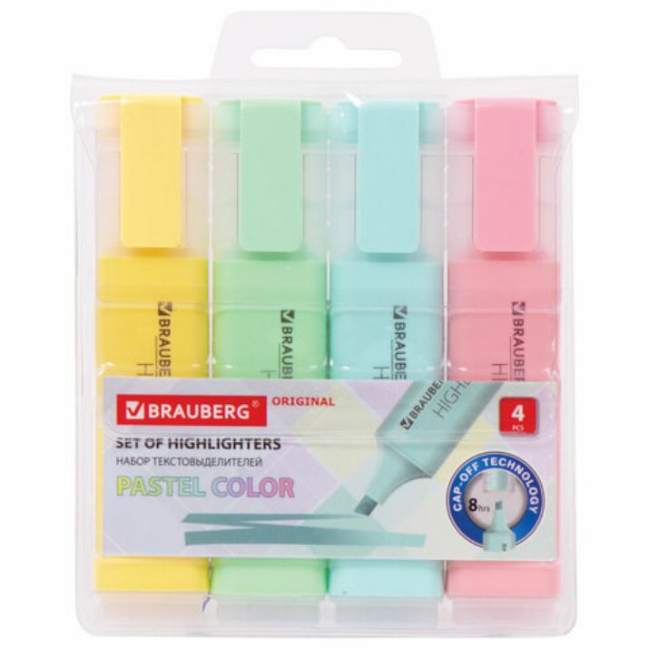 Изображение Набор текстовыделителей 4 ЦВЕТА, BRAUBERG "ORIGINAL PASTEL", линия письма 1-5 мм, 151697