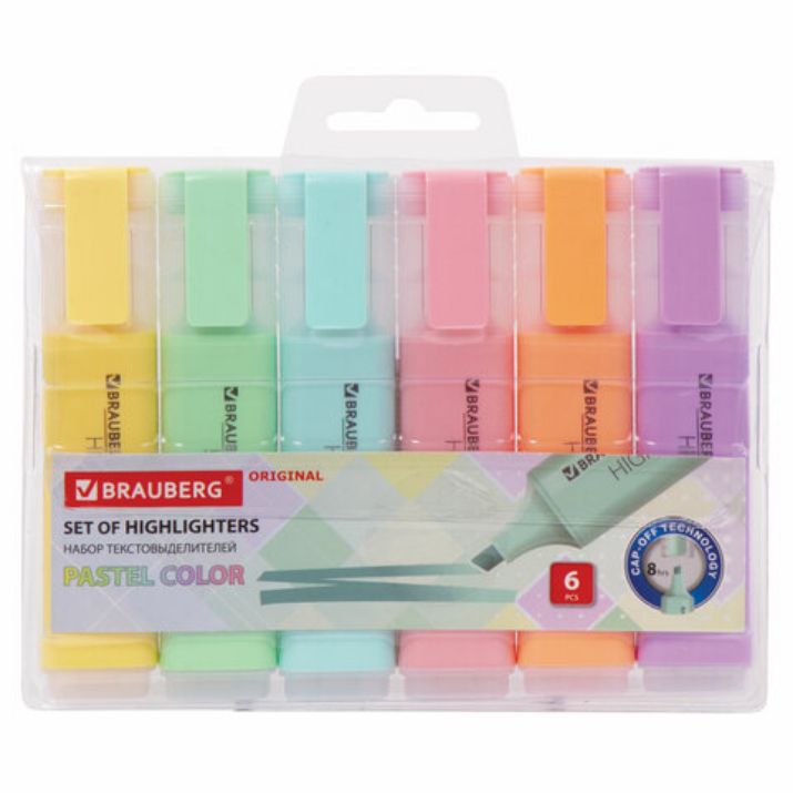 Изображение Набор текстовыделителей 6 ЦВЕТОВ, BRAUBERG "ORIGINAL PASTEL", линия письма 1-5 мм, 151698