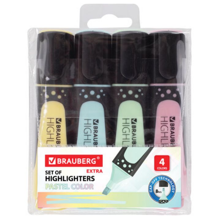 Изображение Набор текстовыделителей BRAUBERG 4 шт., АССОРТИ, "EXTRA PASTEL", прорезиненный корпус, линия 1-5 мм, 151756