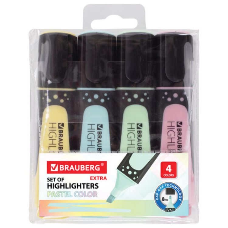 Изображение Набор текстовыделителей BRAUBERG 4 шт., АССОРТИ, "EXTRA PASTEL", прорезиненный корпус, линия 1-5 мм, 151756