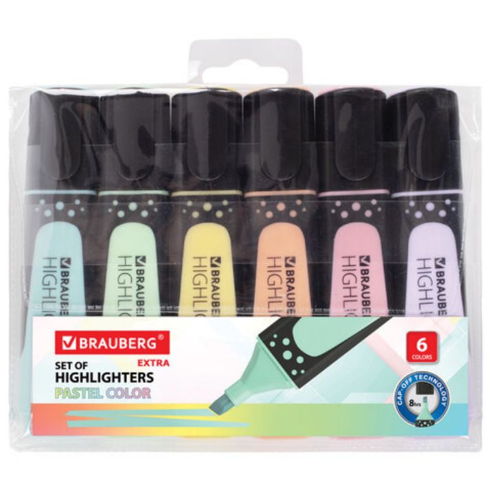 Изображение Набор текстовыделителей BRAUBERG 6 шт., АССОРТИ, "EXTRA PASTEL", прорезиненный корпус, линия 1-5 мм, 151757