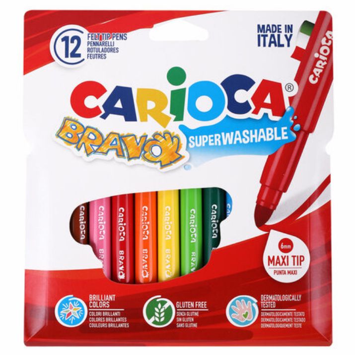 Изображение Фломастеры утолщенные CARIOCA (Италия) "Bravo", 12 цветов, суперсмываемые, 42755