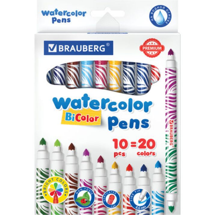 Изображение Фломастеры двусторонние утолщенные BRAUBERG "PREMIUM" "BI-COLOR", 10 шт., 20 цветов, двухцветные, вентилируемый колпачок, 151945