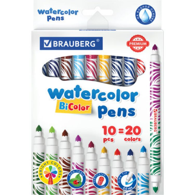 Изображение Фломастеры двусторонние утолщенные BRAUBERG "PREMIUM" "BI-COLOR", 10 шт., 20 цветов, двухцветные, вентилируемый колпачок, 151945