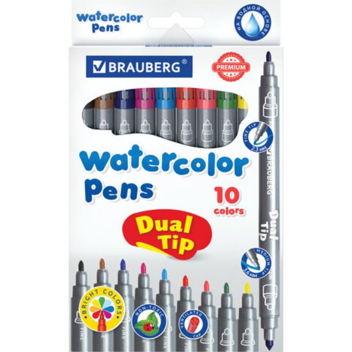 Изображение Фломастеры двусторонние BRAUBERG "PREMIUM" "DUAL-TIP", 10 шт., 10 цветов, два наконечника, картонная коробка с европодвесом, 151946