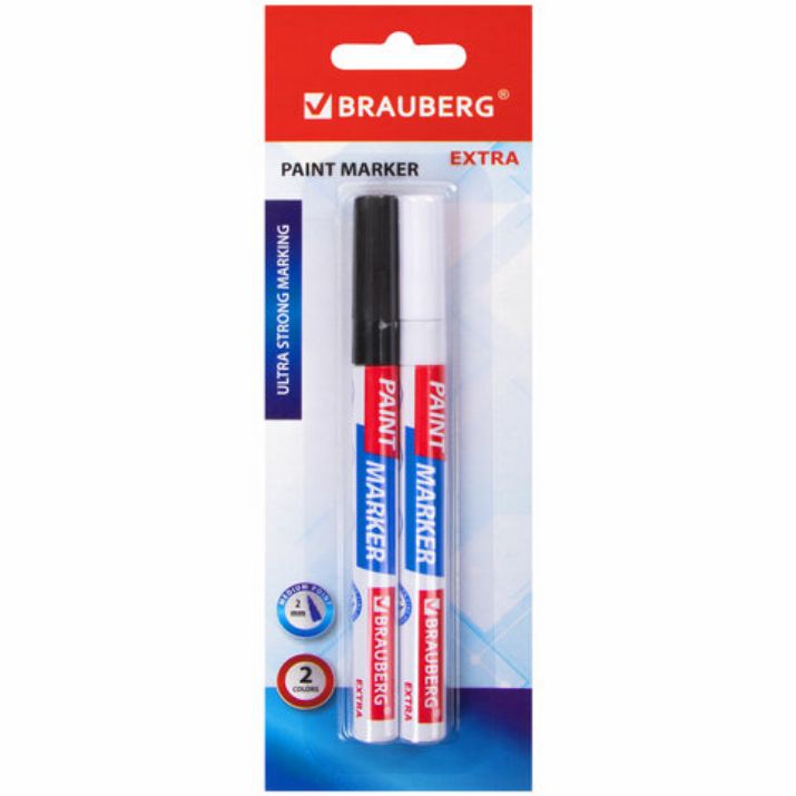 Изображение Маркер-краска лаковый EXTRA (paint marker) 2 мм, НАБОР 2 цвета, БЕЛЫЙ/ЧЕРНЫЙ, УСИЛЕННАЯ НИТРО-ОСНОВА, BRAUBERG, 151993