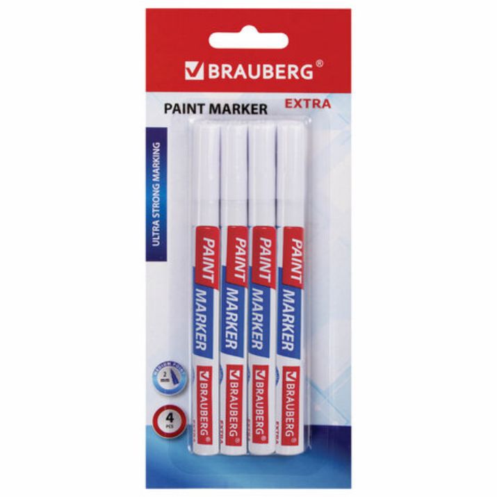 Изображение Маркер-краска лаковый EXTRA (paint marker) 2 мм, БЕЛЫЕ, НАБОР 4 шт., УСИЛЕННАЯ НИТРО-ОСНОВА, BRAUBERG, 151995