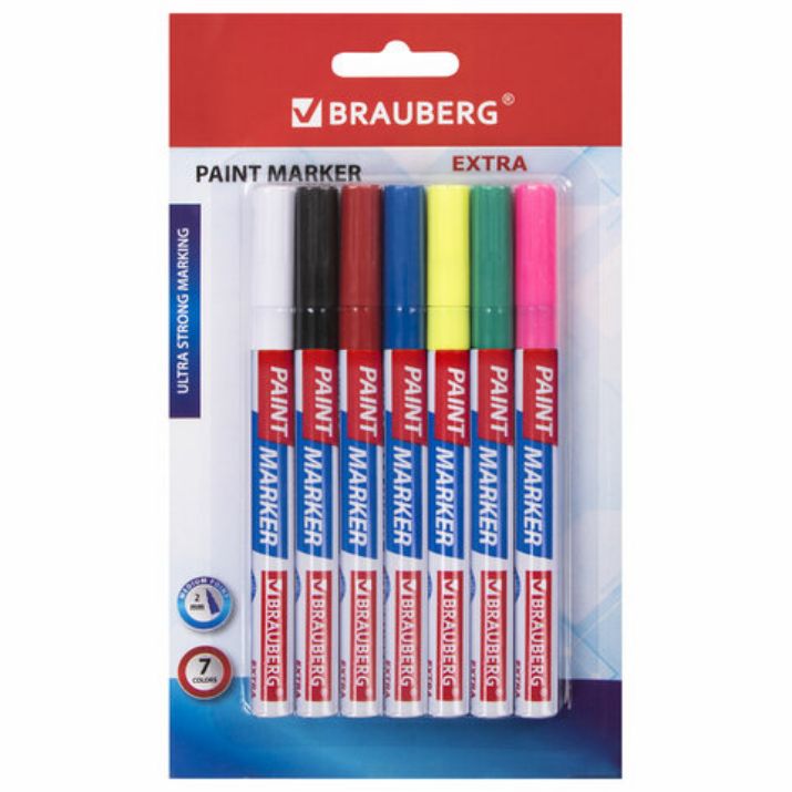 Изображение Маркер-краска лаковый EXTRA (paint marker) 2 мм, НАБОР 7 цветов, УСИЛЕННАЯ НИТРО-ОСНОВА, BRAUBERG, 151996