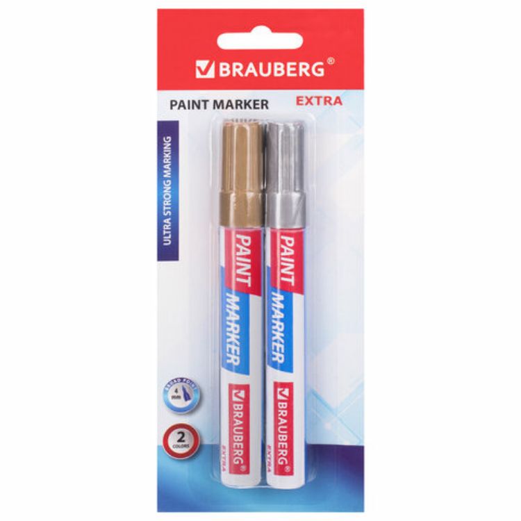 Изображение Маркер-краска лаковый EXTRA (paint marker) 4 мм, НАБОР 2 цвета, ЗОЛОТОЙ/СЕРЕБРЯНЫЙ, УСИЛЕННАЯ НИТРО-ОСНОВА, BRAUBERG, 151997