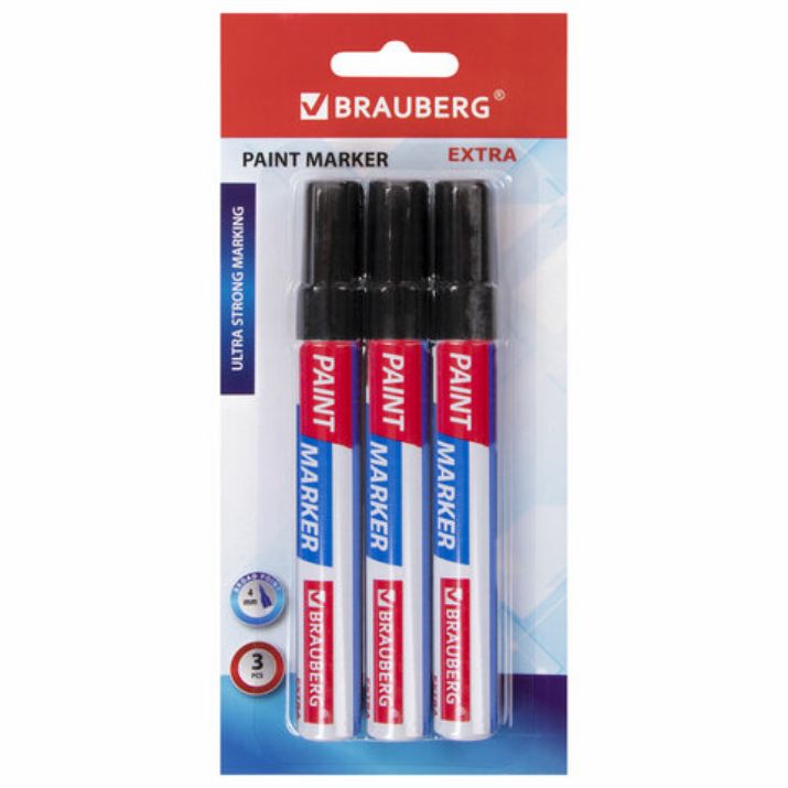 Изображение Маркер-краска лаковый EXTRA (paint marker) 4 мм, ЧЕРНЫЕ, НАБОР 3 шт., УСИЛЕННАЯ НИТРО-ОСНОВА, BRAUBERG, 151999