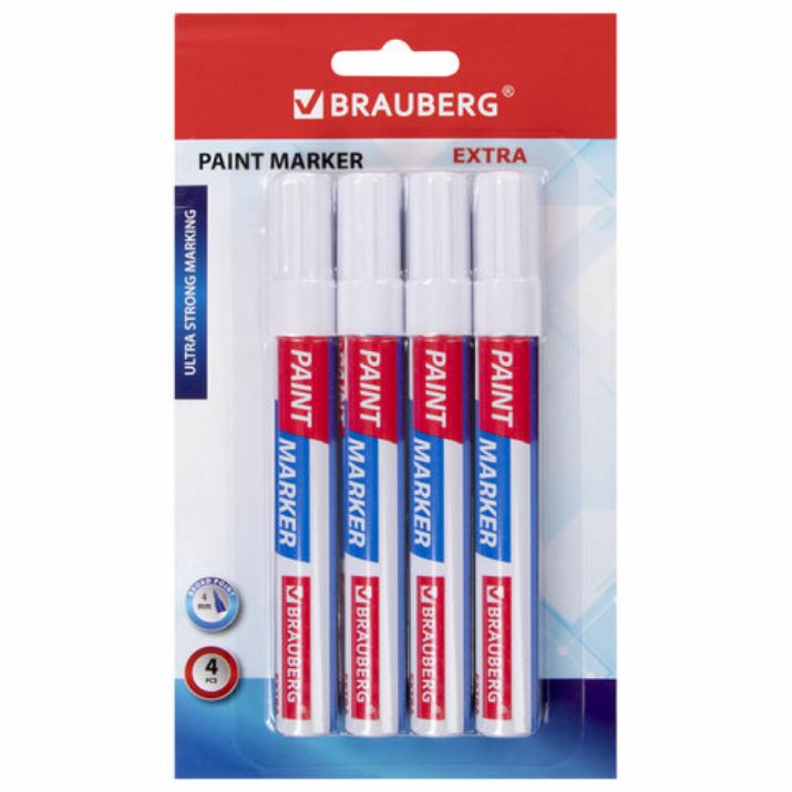 Изображение Маркер-краска лаковый EXTRA (paint marker) 4 мм, БЕЛЫЕ, НАБОР 4 шт., УСИЛЕННАЯ НИТРО-ОСНОВА, BRAUBERG, 152000