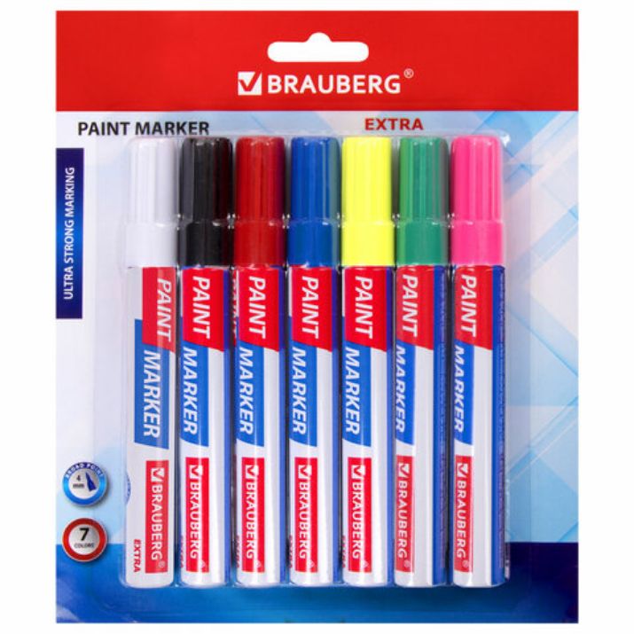 Изображение Маркер-краска лаковый EXTRA (paint marker) 4 мм, НАБОР 7 цветов, УСИЛЕННАЯ НИТРО-ОСНОВА, BRAUBERG, 152001