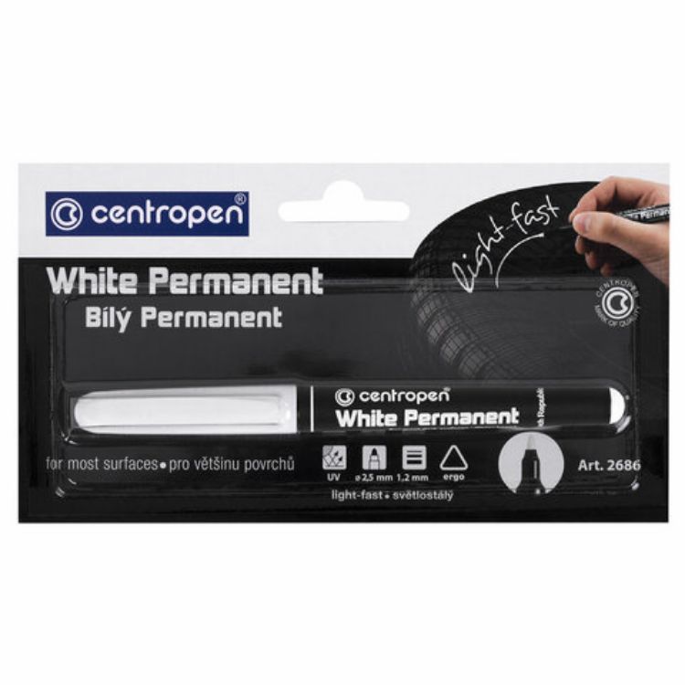 Изображение Маркер перманентный БЕЛЫЙ CENTROPEN, круглый наконечник, 1,2 мм, блистер, 2686, 5 2686 6000
