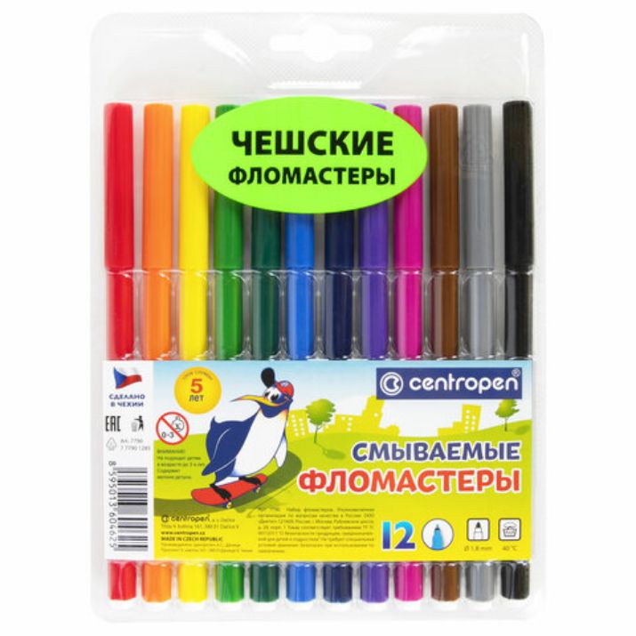 Изображение Фломастеры 12 ЦВЕТОВ CENTROPEN "Washable", смываемые, вентилируемый колпачок, 7790/12TP, 7 7790 1285