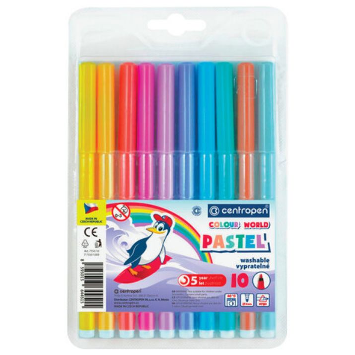 Изображение Фломастеры ПАСТЕЛЬНЫЕ 10 ЦВЕТОВ CENTROPEN "Colour World Pastel", смываемые, 7550/10TP, 7 7550 1087