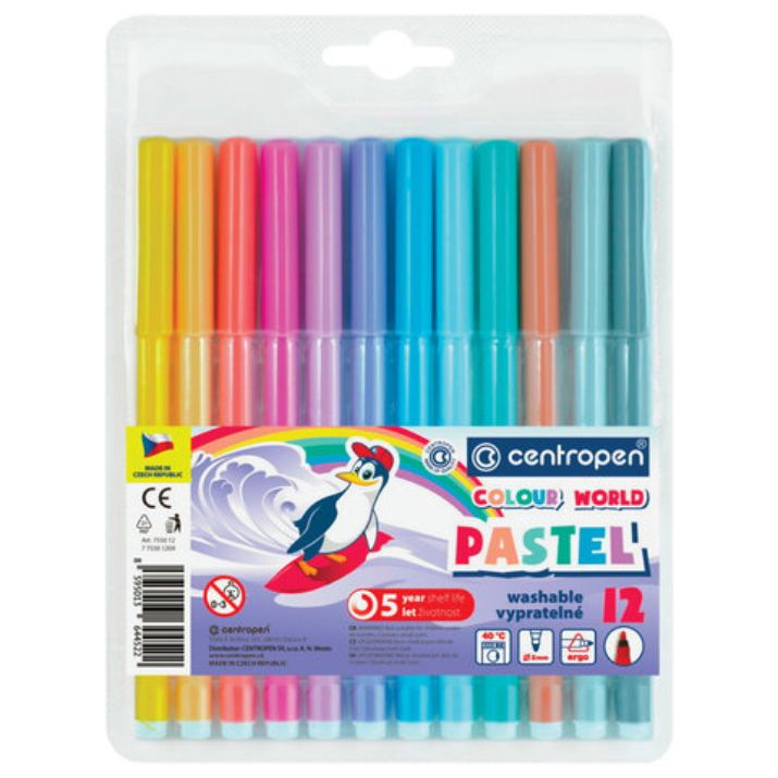 Изображение Фломастеры ПАСТЕЛЬНЫЕ 12 ЦВЕТОВ CENTROPEN "Colour World Pastel", смываемые, 7550/12TP, 7 7550 1287