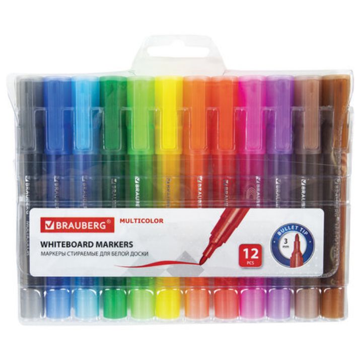 Изображение Маркеры стираемые для белой доски НАБОР 12 ЦВЕТОВ, BRAUBERG "MULTICOLOR", 3 мм, 152121