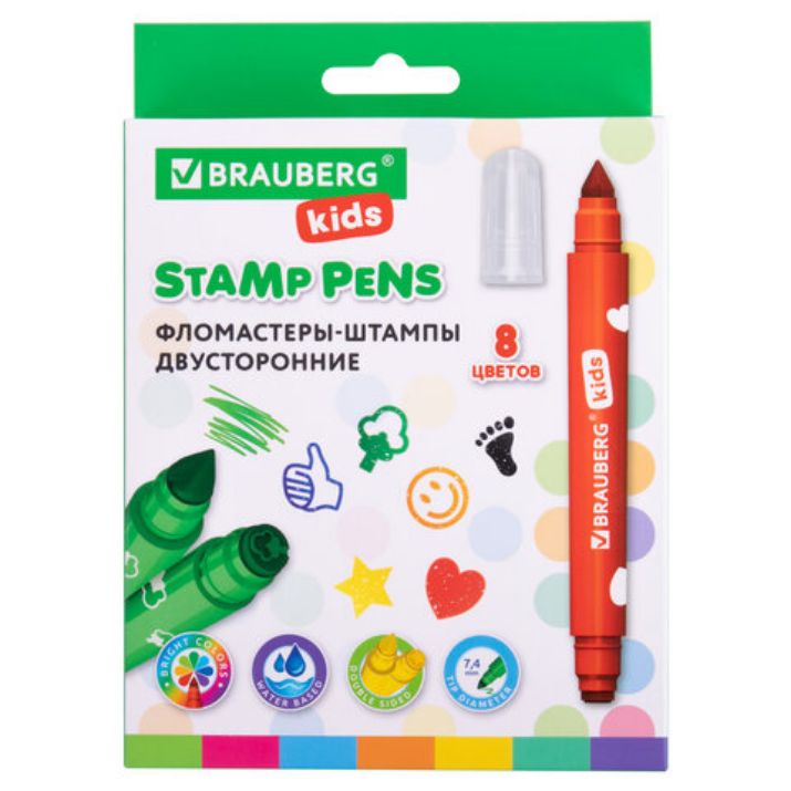 Изображение Фломастеры-штампы двусторонние "FUNNY STAMPS", 8 цветов, BRAUBERG KIDS, картонная коробка с европодвесом, 152179