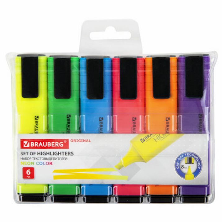 Изображение Набор текстовыделителей 6 ЦВЕТОВ, BRAUBERG "ORIGINAL NEON", линия письма 1-5 мм, 152216