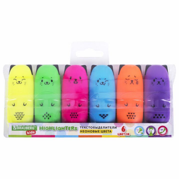 Изображение Набор текстовыделителей мини 6 ЦВЕТОВ BRAUBERG KIDS "CUTE CATS NEON", линия 1-5 мм, 152435