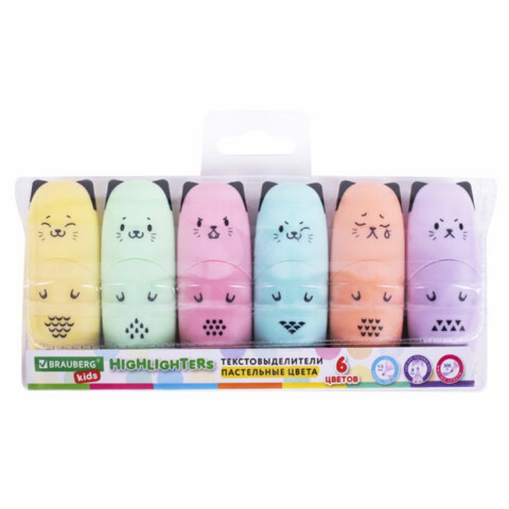 Изображение Набор текстовыделителей мини 6 ЦВЕТОВ BRAUBERG KIDS "CUTE CATS PASTEL", линия 1-5 мм, 152436