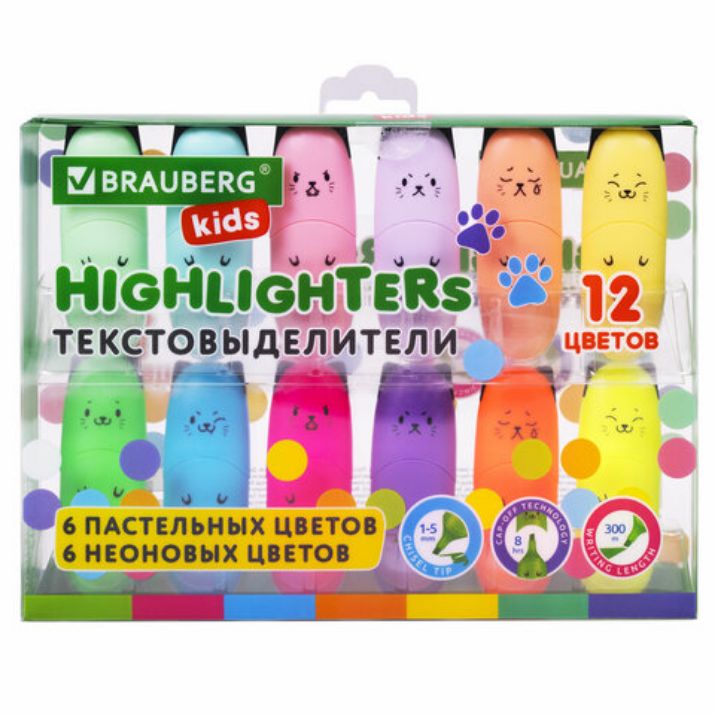 Изображение Набор текстовыделителей мини 12 ЦВЕТОВ BRAUBERG KIDS "CUTE CATS", линия 1-5 мм, 152437