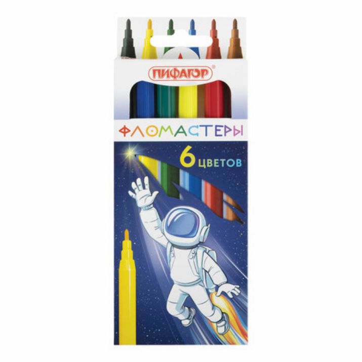 Изображение Фломастеры ПИФАГОР "Космическая одиссея", 6 цветов, вентилируемый колпачок, 152443