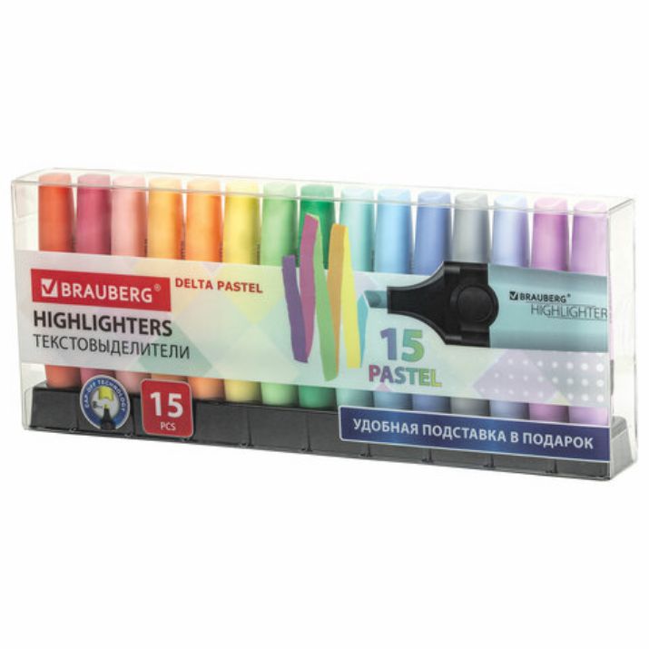 Изображение Набор текстовыделителей 15 ПАСТЕЛЬНЫХ ЦВЕТОВ на подставке, BRAUBERG "DELTA PASTEL", линия 1-5 мм, 152507
