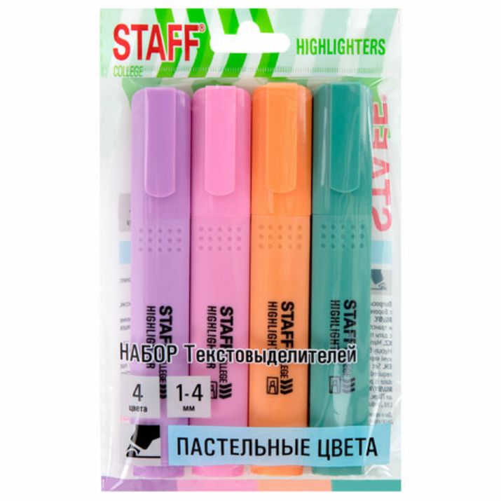 Изображение Набор текстовыделителей 4 ПАСТЕЛЬНЫХ ЦВЕТА, АССОРТИ, STAFF College "STICK PASTEL", линия письма 1-4 мм, скошенный наконечник, 152531
