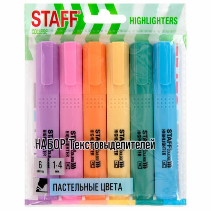 Изображение Набор текстовыделителей 6 ПАСТЕЛЬНЫХ ЦВЕТОВ, АССОРТИ, STAFF College "STICK PASTEL", линия письма 1-4 мм, скошенный наконечник, 152532