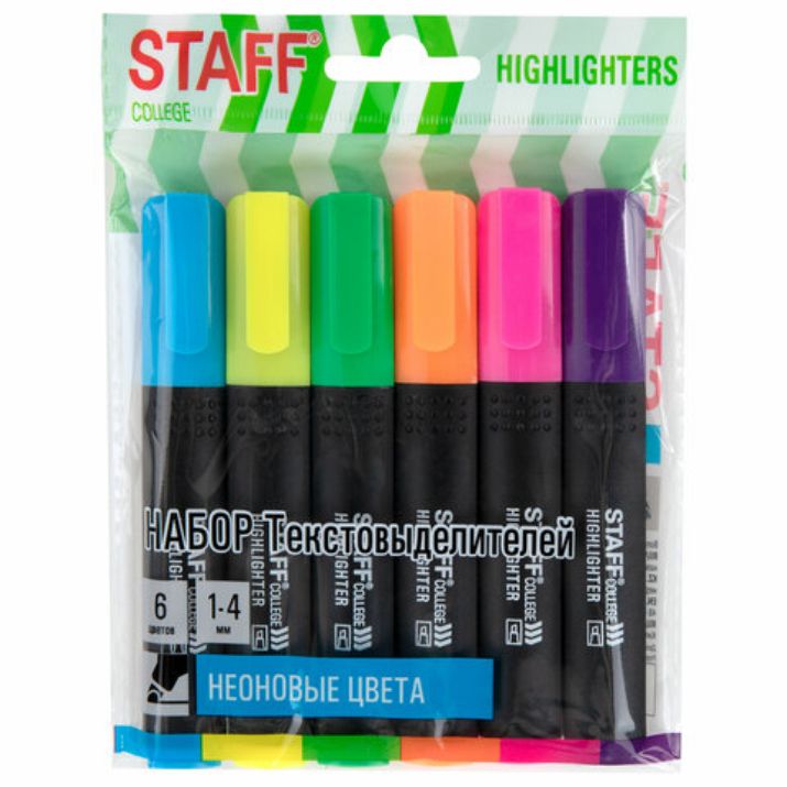 Изображение Набор текстовыделителей 6 НЕОНОВЫХ ЦВЕТОВ, АССОРТИ, STAFF College "STICK NEON", линия письма 1-4 мм, скошенный наконечник, 152534