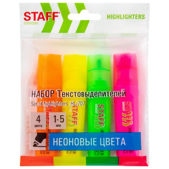 Изображение Набор текстовыделителей 4 НЕОНОВЫХ ЦВЕТА, STAFF "EVERYDAY HL-707", линия 1-5 мм, скошенный наконечник, 152548